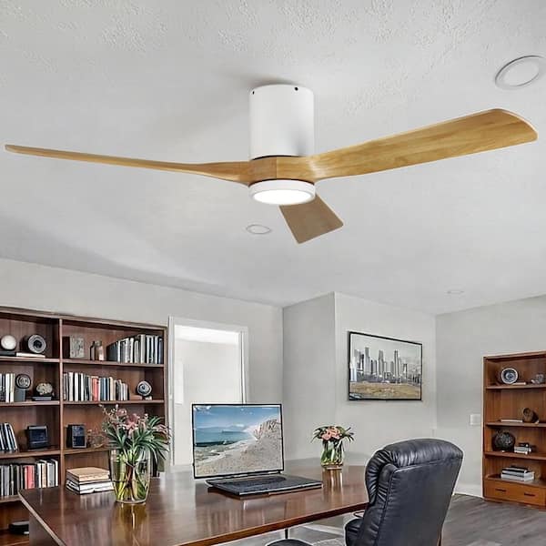 60 in. White 3 Wood Blades Flush Mount Standard Ceiling Fan with Full Spectrum LED Light and Remote Included