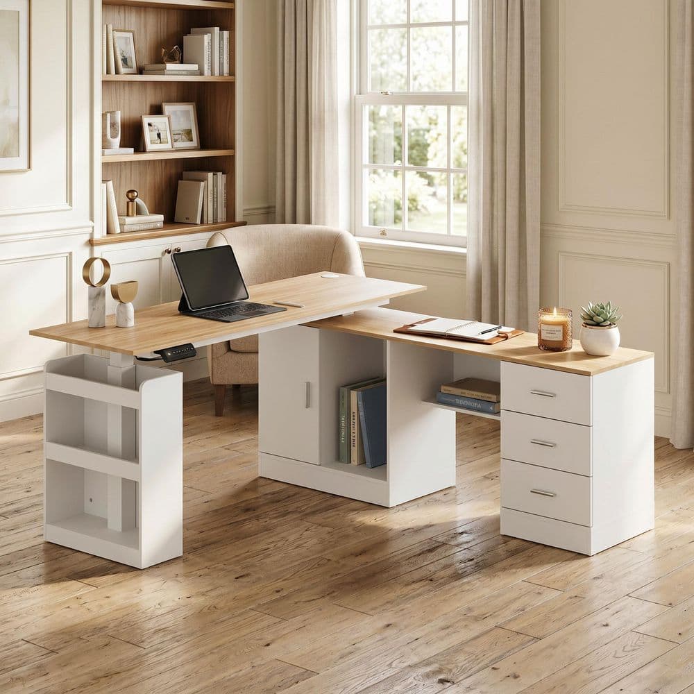 FUFU&GAGA 63 in. W L- Shaped White Wood Adjustable Height Computer