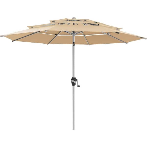 PASAMIC 9ft. 3-Tier Aluminum Outdoor Market Umbrella Patio Umbrella, 5-YEAR Fade-Resistant and Push Button Tilt in Beige