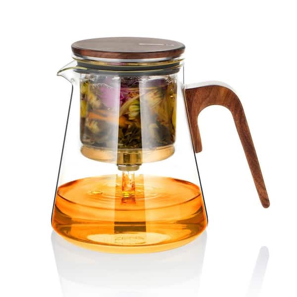 3-Cup Enchanted Glass Teapot with Infuser and Magnetic Suction Lid, Walnut Pattern Handle, Tea Lovers Gifts