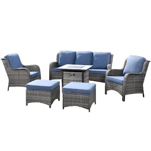 New Kenard Gray 6-Piece Wicker Patio Fire Pit Conversation Seating Set with Denim Blue Cushions