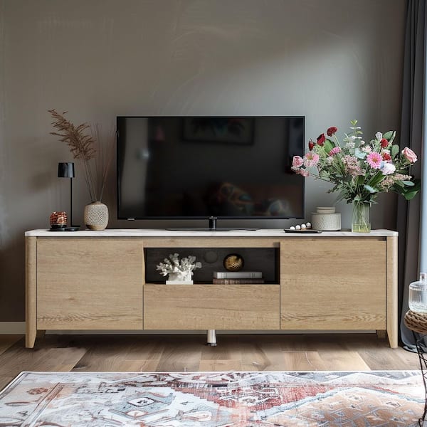 Boyel Living Natural 70 in. Modern TV Stand with LED Lights Entertainment Center Fits TVs up to 70 to 80 in.