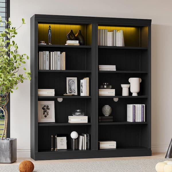 83.4 in. Tall Black Solid Wood Bookcase with Light Strip, Adjustable Shelves and Storage Organizer
