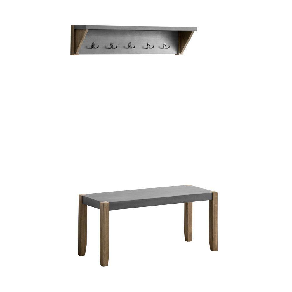 Newport Light Amber Wood and Gray Composite Entryway Bench with Coat Hooks