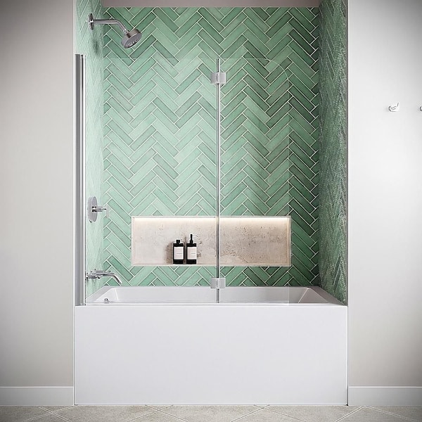 Timavo 39.4 in. W x 55 in.H Frameless Pivot Fixed Tub Door in Polished Chrome w/ CrystalTech Treated 1/4 in. Clear Glass