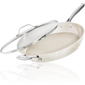 Hammered Cream 14 in. Aluminum Ceramic Coating Non-Stick XL Family Sized Frying Pan with Glass Lid