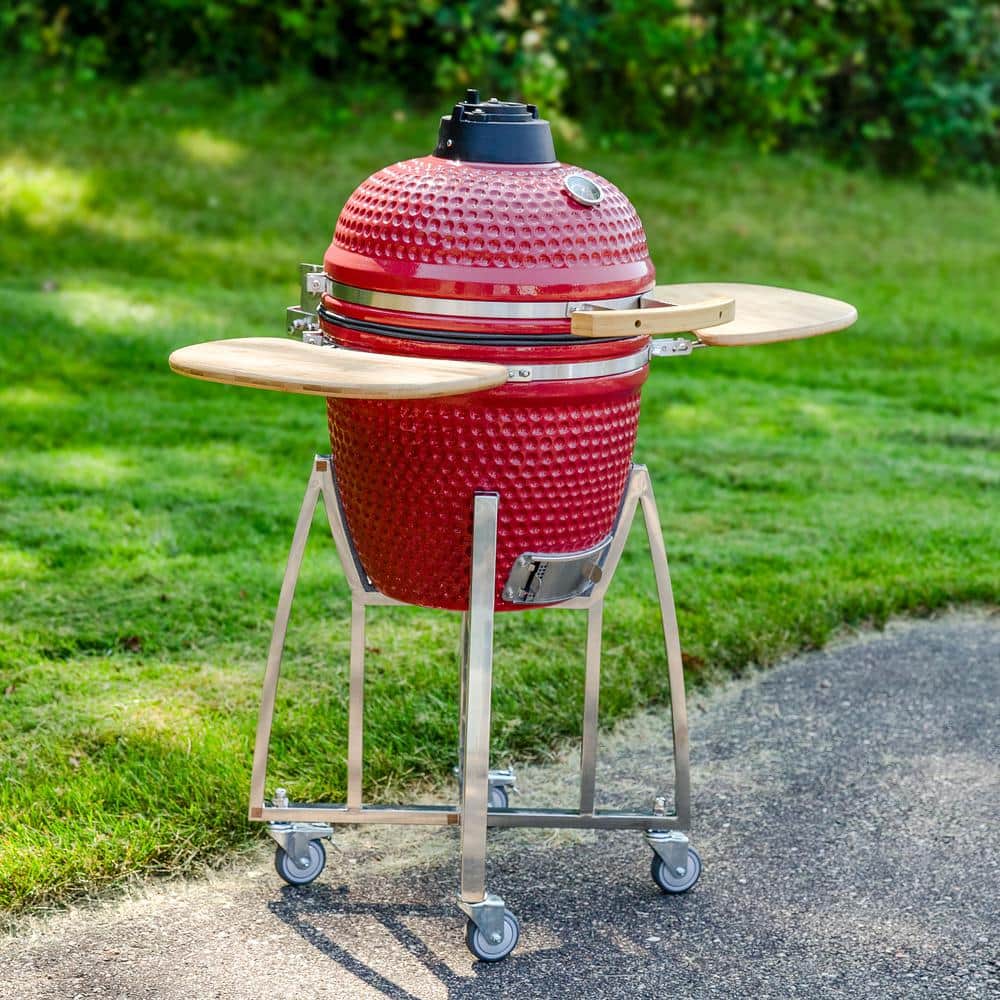 Red Ceramic Kamado Grill with Smoker and Bamboo Side Tables