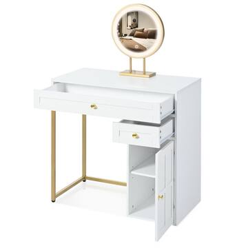 Polibi 2-Drawers White/Gold Makeup Vanity Table Wooden Dressing Desk with 3 Lighting Modes Mirror, 1 Cabinet RS-39578306K