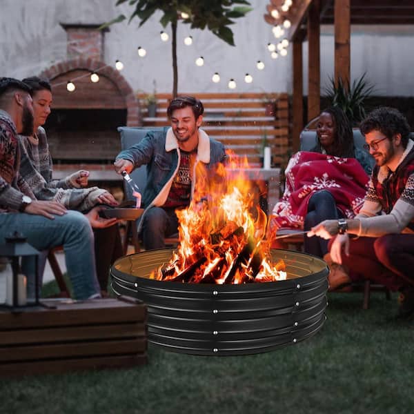 47 in. D x 11.4 in. H Round Galvanized Steel Fire Pit Kit in Black+Gray with Foldable Design (Wood Burning)