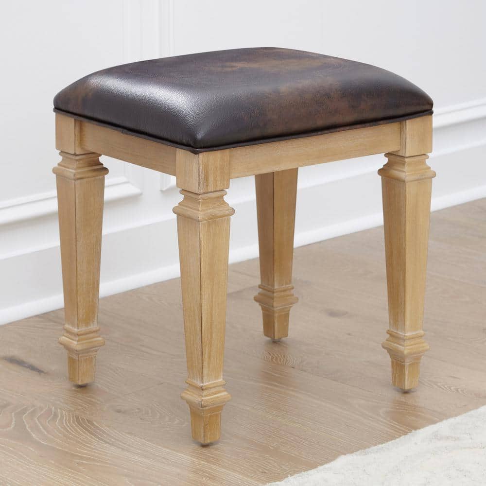 Manor House White Oak Vanity Bench with Brown Leather Upholstery