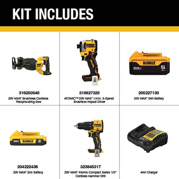 ATOMIC 20-Volt Lithium-Ion Cordless 2-Tool Combo Kit and Brushless Recip Saw wi/ 5.0 Ah and 2.0 Ah Batteries and Charger