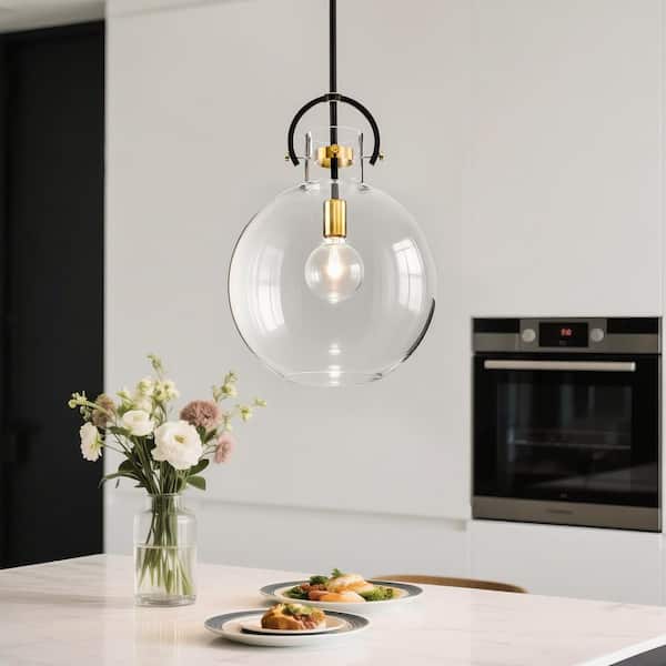 Edvivi Essence 1-Light 14 in. Contemporary Matte Black and Gold Pendant Light Fixture with Globe Shaped Clear Glass Shade