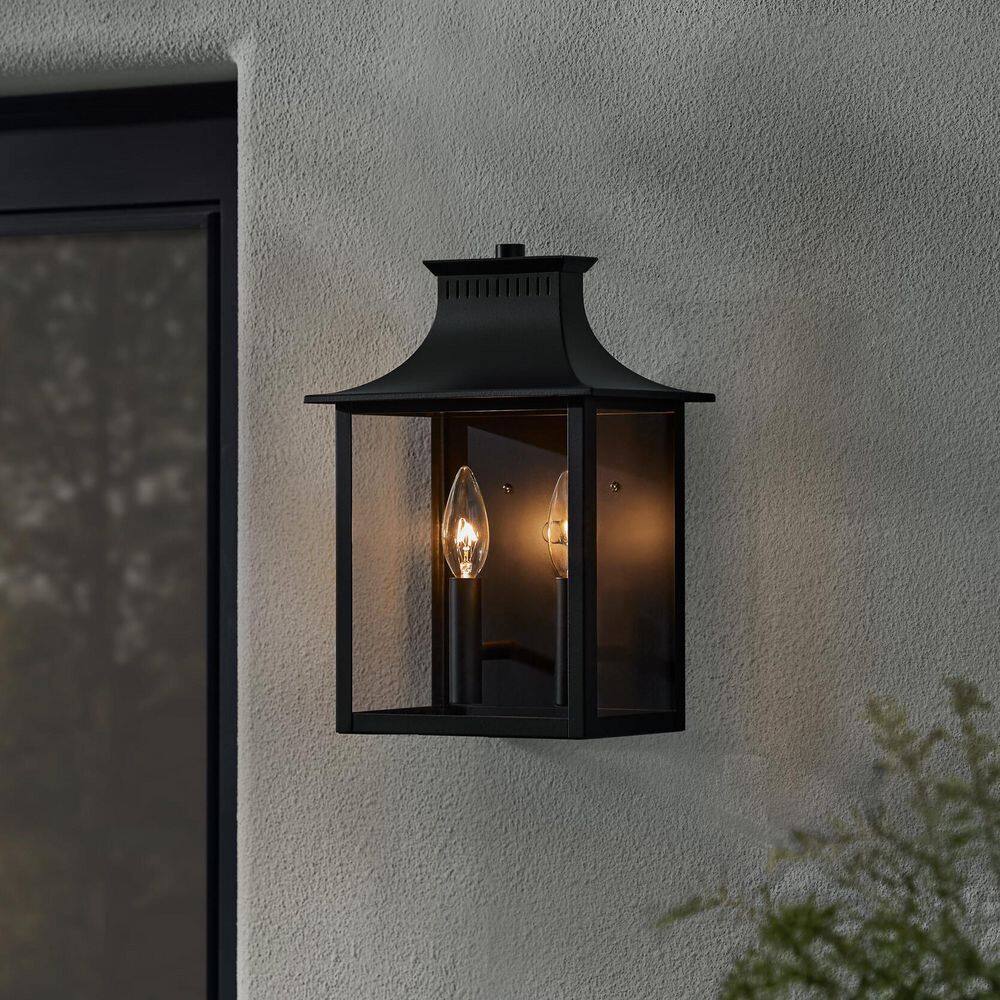 Hampton Bay Corbin Medium Outdoor Wall Light – 13" Black Lantern Sconce With Clear Glass, Modern Geometric Design, Hardwired, Weather-Resistant For Porch, Patio, Garage