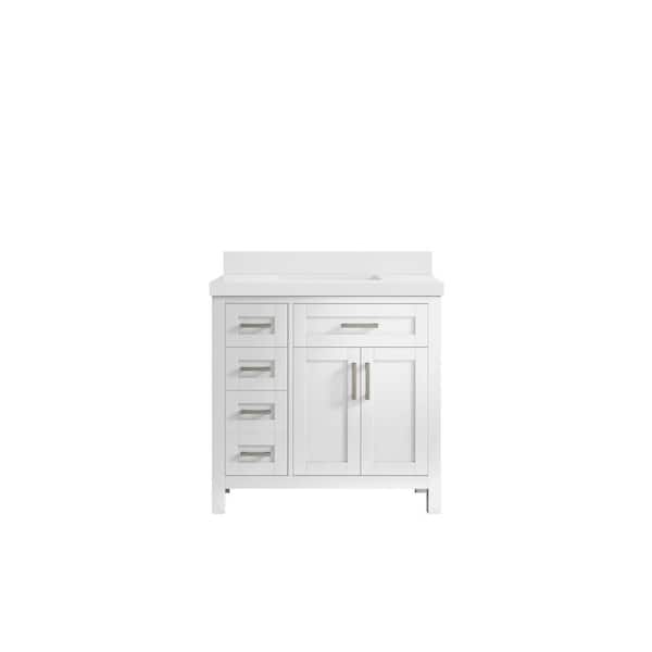Willow Collections Cambridge 36 in. W x 22 in. D x 36 in. H Center Sink Bath Vanityin White with 2 in White Quartz Top