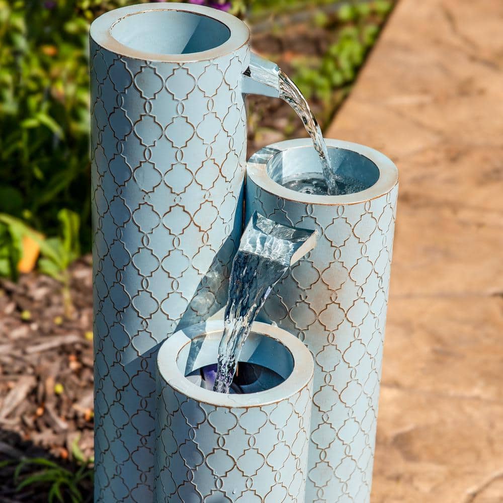 Moroccan Trellis Blue Zinc 3-Column Outdoor Water Fountain