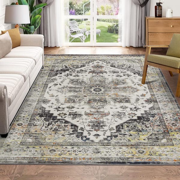 Grey 6 ft. x 9 ft. Machine Washable Floral Indoor Area Rug