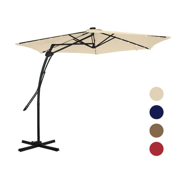 Mondawe 10 ft. Hexagon Beige Offset Patio Umbrella with Solar Lights and 4-Piece Umbrella Base