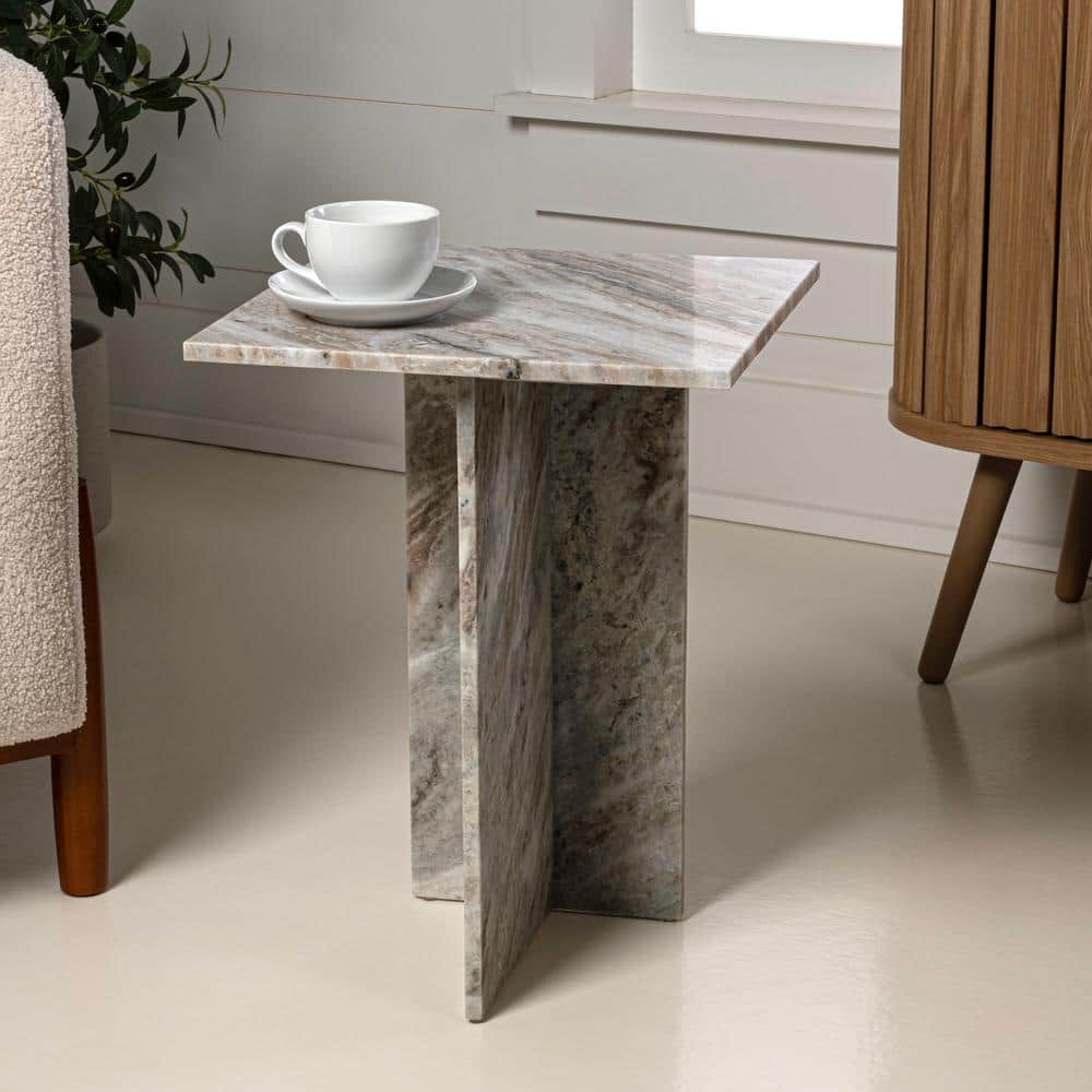 JONATHAN Y Cecil 14 in. Gray Beige Contemporary Natural Marble Handmade Square T Shaped End Table MTB1104A The Home Depot