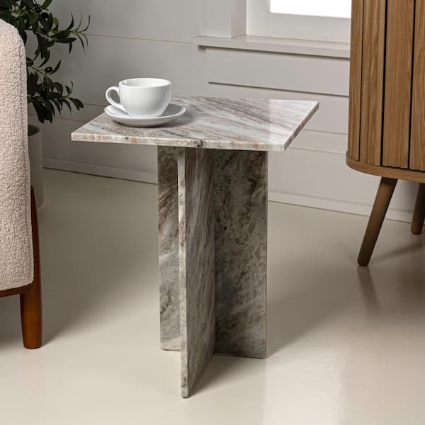 JONATHAN Y Cecil 14 in. Gray/Beige Contemporary Natural Marble Handmade Square T-Shaped End Table