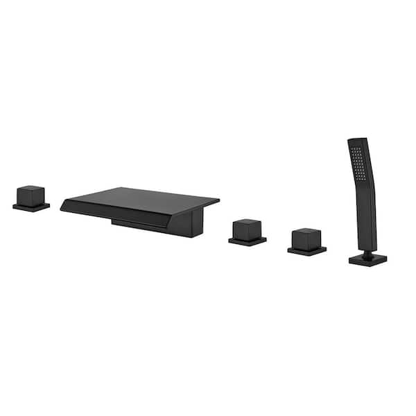 FLG 3-Handle Deck Mount Roman Tub Faucet with Hand Shower 5 Holes Brass Waterfall Bathtub Filler with Sprayer in Matte Black