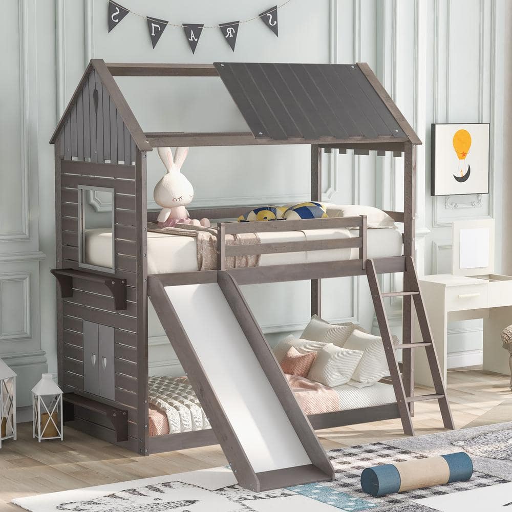 Harper & Bright Designs Gray Twin Over Twin Wood Bunk Bed with Roof ...