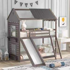 Gray Twin Over Twin Wood Bunk Bed with Roof, Window, Slide and Ladder