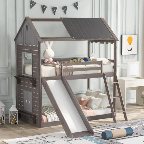 Harper & Bright Designs Gray Twin Over Twin Wood Bunk Bed with Roof ...