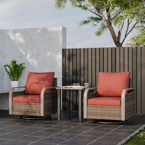 3-Piece Brown Wicker Patio Swivel Rocking Bistro Set with Red Cushions