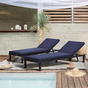 Wicker Rattan Outdoor Chaise Lounge with Detachable Navy Cushion (Set of 2)