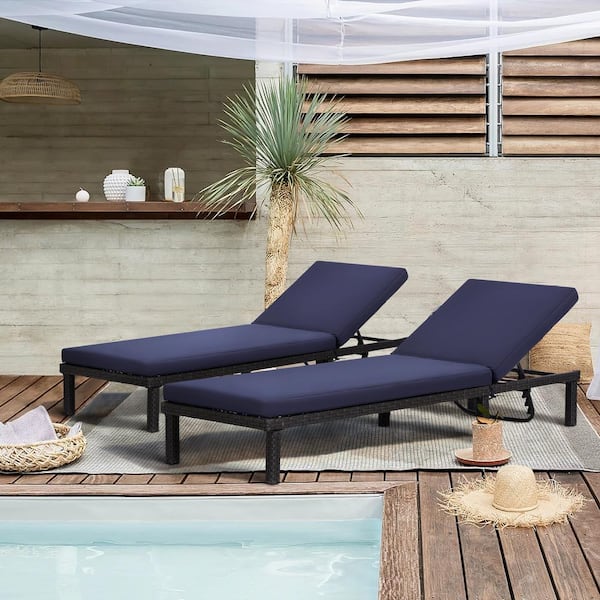 PHI VILLA Wicker Rattan Outdoor Chaise Lounge with Detachable Navy Cushion (Set of 2)