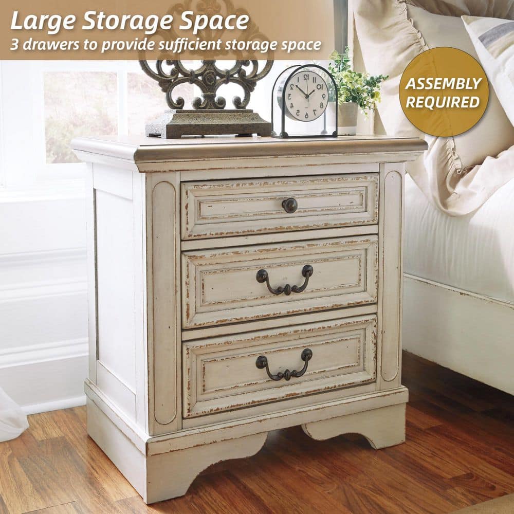 Chipped White & Distressed Wood 3-Drawer Nightstand with USB Ports