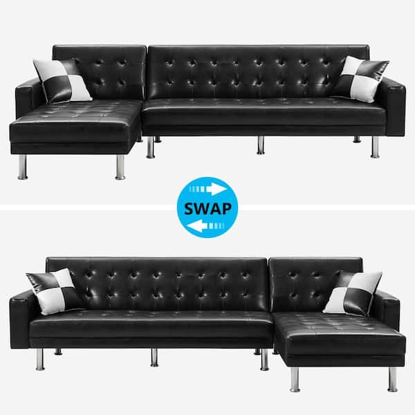 Boyel Living 120 In Black High Quality Faux Leather 3 Seats Convertible Sofa With Nailhead Trim And Paint Metal Legs Wfzy Bk 030pu The Home Depot 3 Seats Convertible Sofa, Paint For Leather Furniture Home Depot