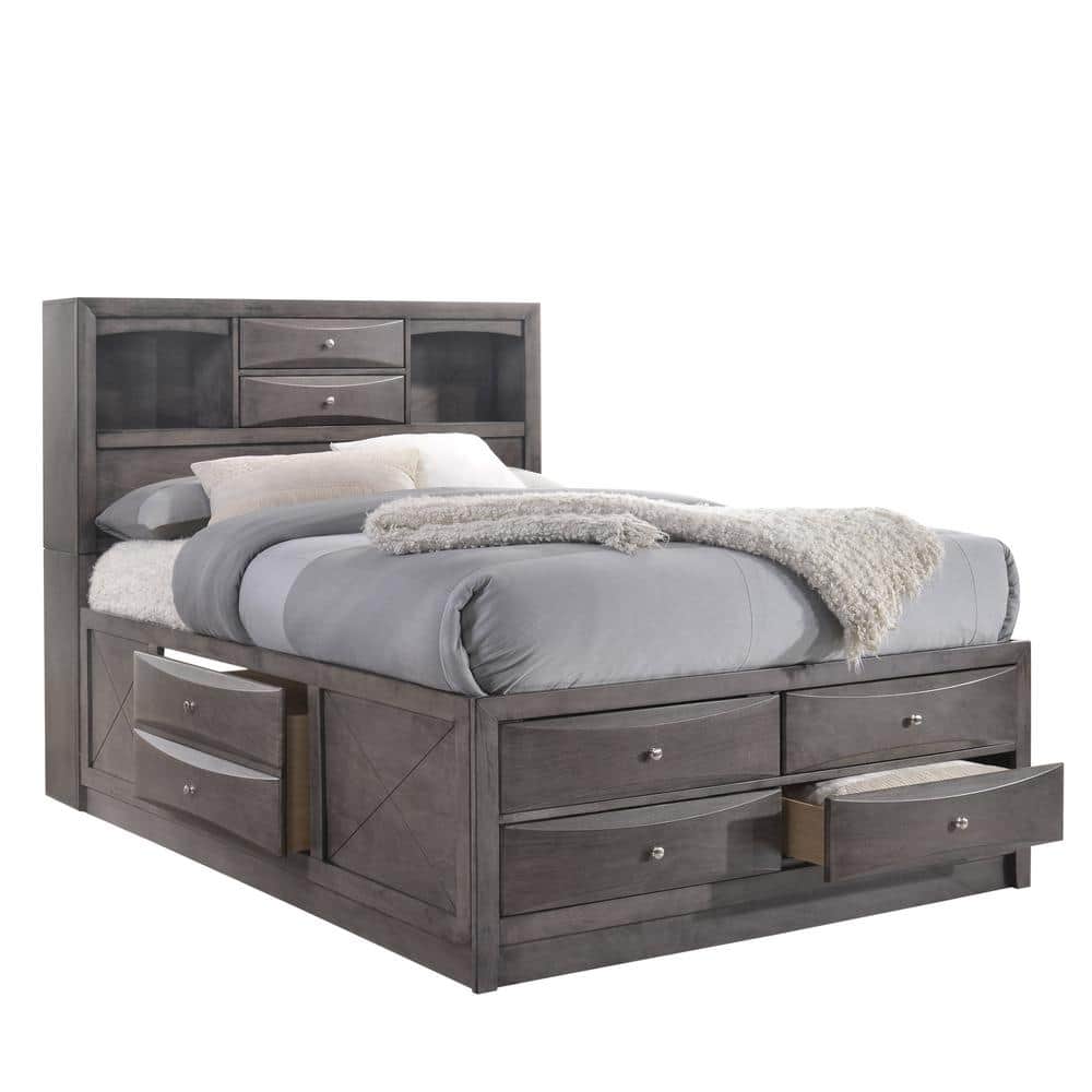 Madison Transitional Gray King Bookcase Bed with Storage Drawers
