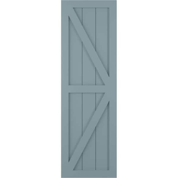 Ekena Millwork 15 in. x 61 in. PVC Two Equal Panel Farmhouse Fixed Mount Board and Batten Shutters with Z-Bar Pair in Peaceful Blue