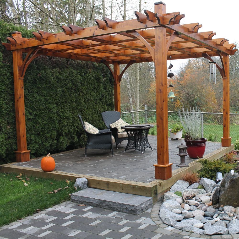 Natural Cedar Wood Outdoor Pergola with Flat Canopy