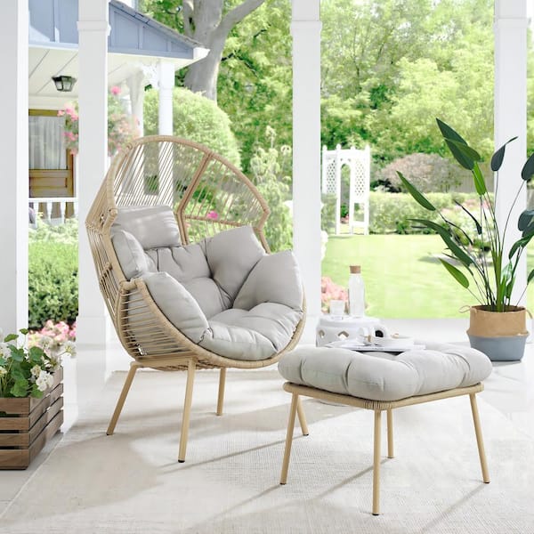 Gymojoy Corina Natural Egg Chair Wicker Outdoor Lounge Chair with Beige Cushion
