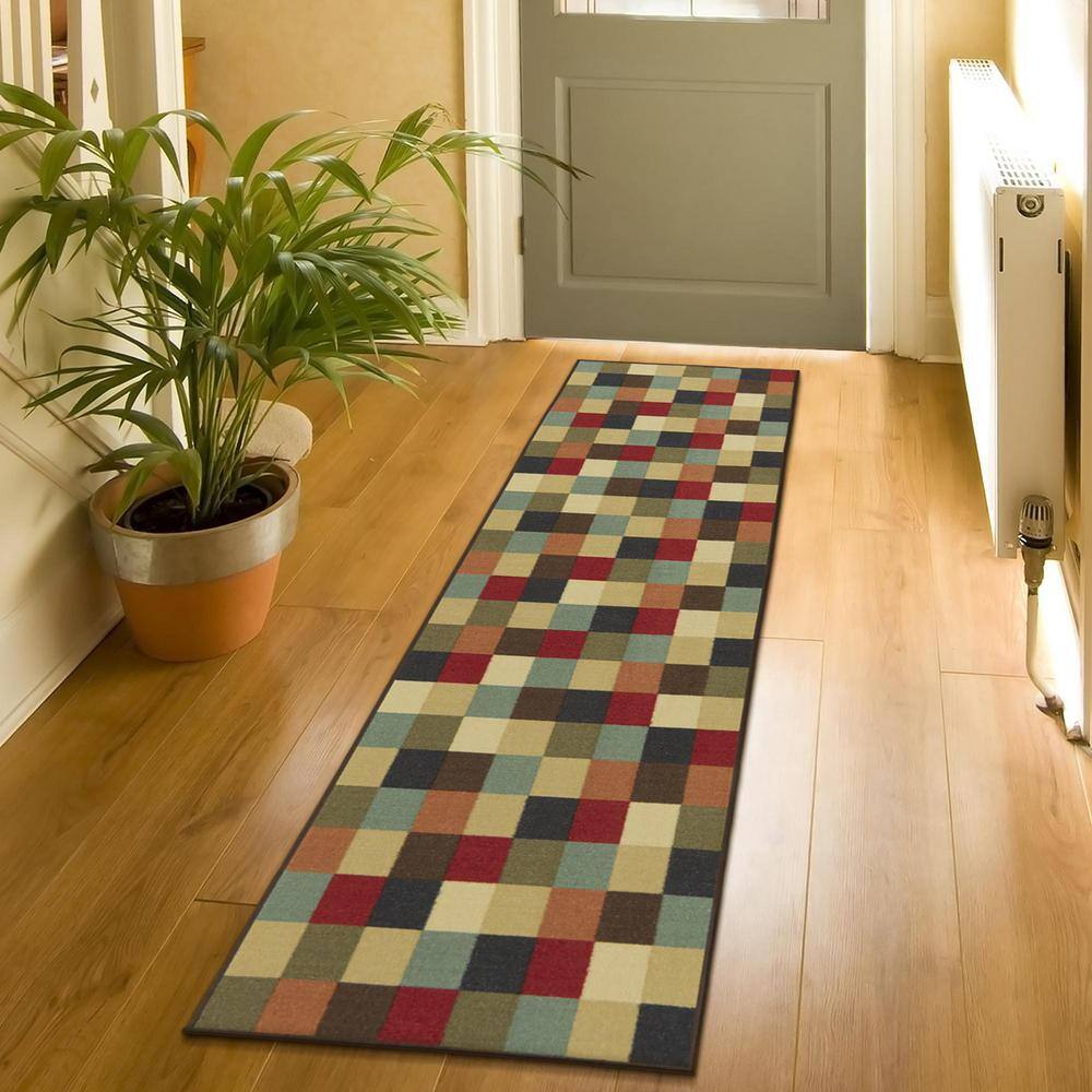 Contemporary Checkered Multicolor Low Pile Runner Rug, 84"L x 22"W