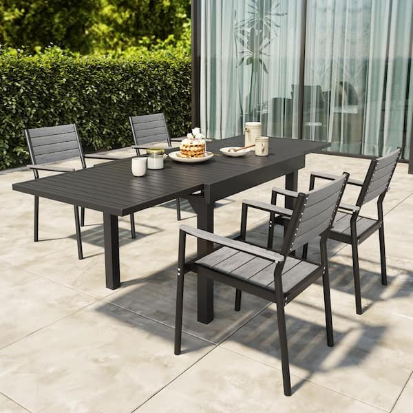 Pellebant 5-Piece Gray Aluminum Patio Outdoor Dining Set with Extension Rectangular Table and Wood-Like Stacking Arms Chairs