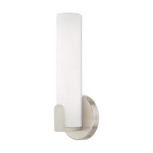 Wellmoor 4.375 in. 1-Light Brushed Nickel LED ADA Wall Sconce with Satin White Acrylic Shade