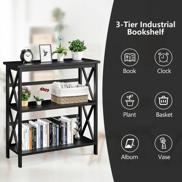 Costway 34 in. H Black 3-Tier Bookshelf Wooden Open Storage