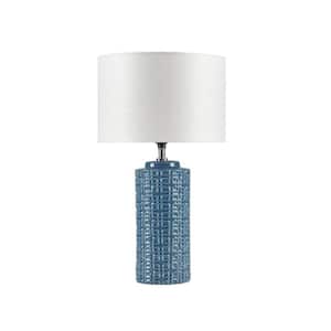 20 in. H Blue Ceramic Geometric Bedside Table Lamp with White Linen Drum Shape Shade