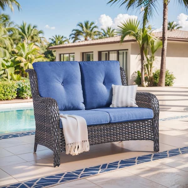 WellCane Brown Wicker 1-Piece Outdoor Loveseat 2-Seat Sofa Couch with Olefin Blue Cushion, Deep Seating for Garden Porch