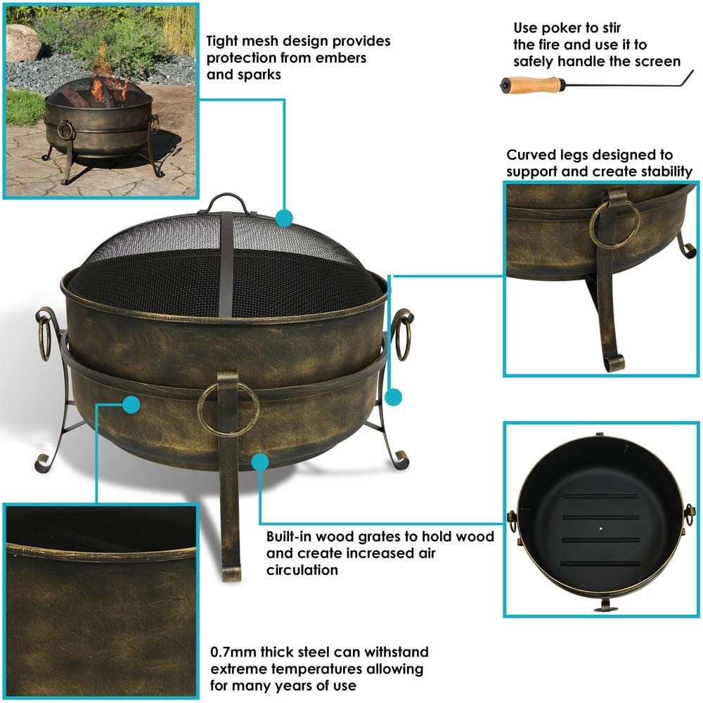 24-Inch Dark Bronze Steel Cauldron Fire Pit with Spark Screen