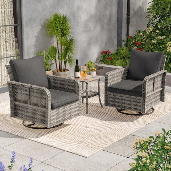 JOYESERY 3-Piece Gray Wicker Patio Conversation Set, with Swivel Rocker Chairs and Table, Black Cushions
