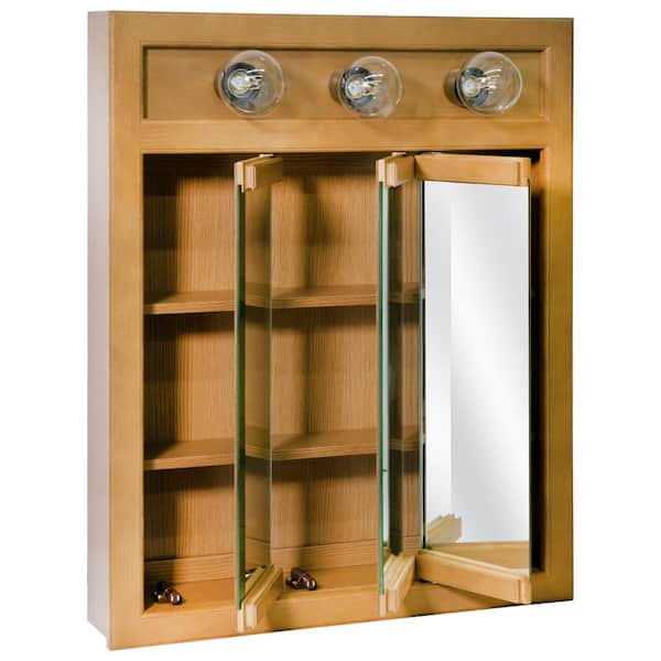 Richland 24 in. W x 30 in. H x 5 in. D Framed 3-Light Tri-View Surface-Mount Bathroom Medicine Cabinet in Nutmeg Oak Richland 24 in. W x 30 in. H x 5 in. D Framed 3-Light Tri-View Surface-Mount Bathroom Medicine Cabinet in Nutmeg Oak