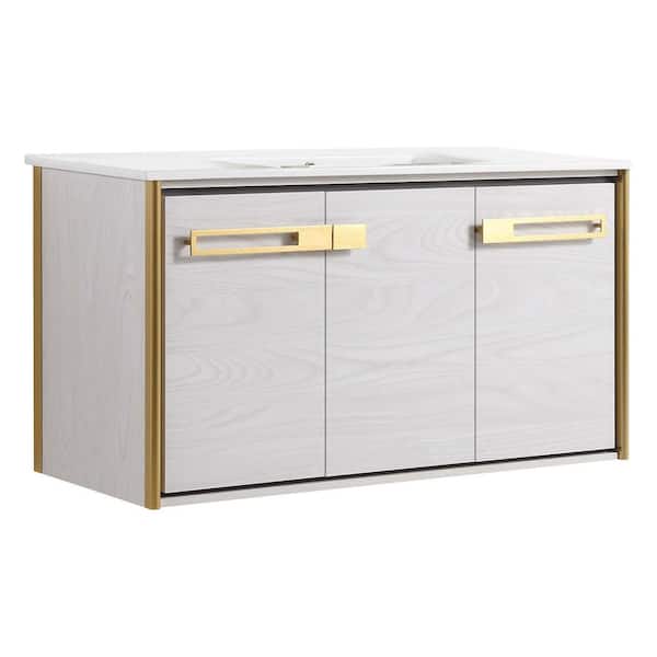 FINE FIXTURES Oakville 42 in. W x 18 in. D x 23.25 in. H Wall Mounted Bathroom Vanity in Gray with White Ceramic Sink Top