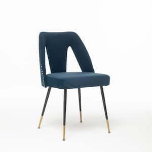 Blue Modern Velvet Upholstered Dining Chair with Nailheads and Gold Tipped Black Metal Legs (Set of 2)