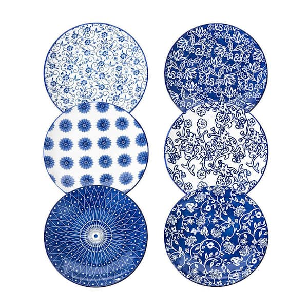 Set of 6 Vintage Blue 8.5 in. Round Ceramic Salad Plates Scratch Resistant Porcelain for Dinner Pasta