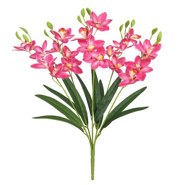 LIVING LUXURY 22 in. Natural Touch Hot Pink Artificial Cymbidium Orchid Flower Stem Bush Bouquet (Set of 2)