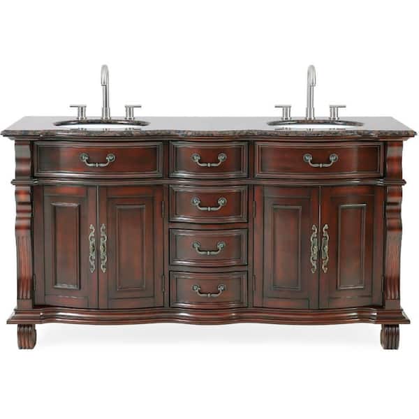 Benton Collection Hopkinton 64 in.W x 22 in.D x 36 in. H Double sink Bath Vanity in Cherry With White porcelain Sink and White Marble Top